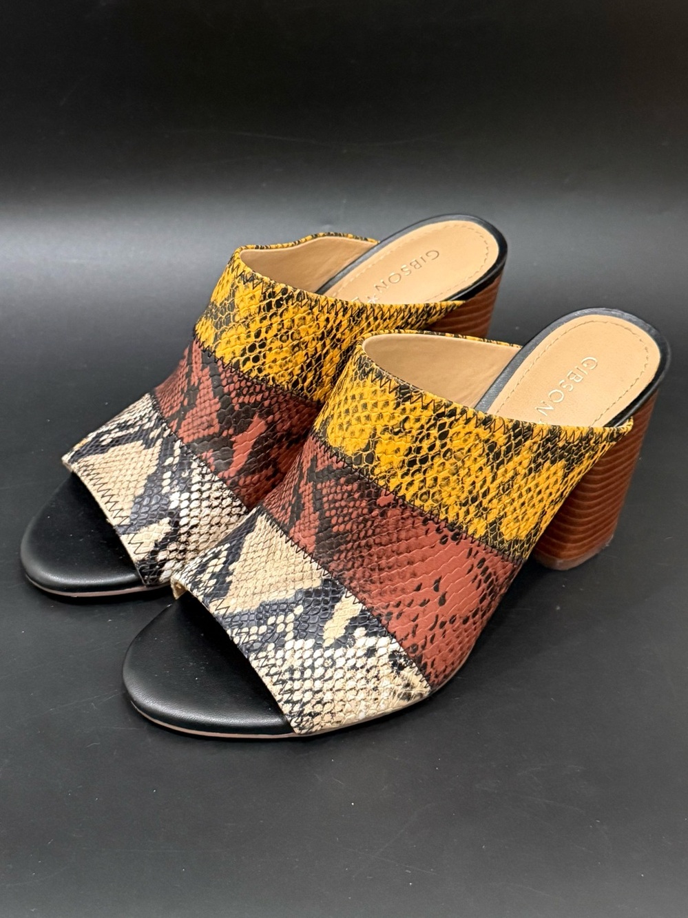 GIBSON LATIMER Mya Patchwork Snakeskin Leather Block Heel Mules Size 7.5